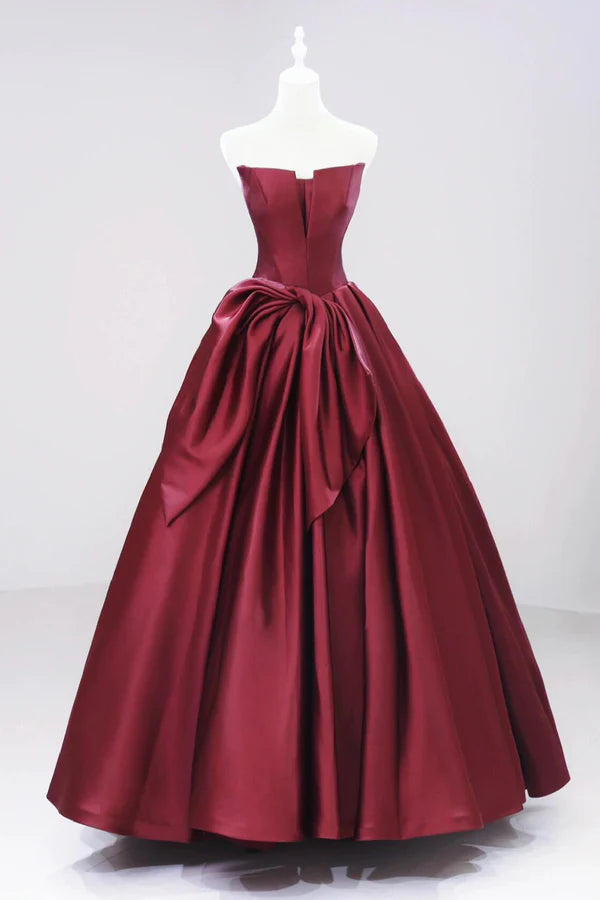 Wholesale Burgundy Satin Floor Length Prom Dress Beautiful A-Line Evening Party Dress